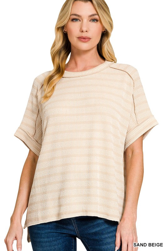ZENANA Women's Top SAND BEIGE / S Raised Rib Striped Exposed Seam Top RTL-8627A5