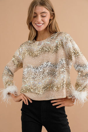 Blue B Collection Women's Top Sequin Neutral Feather Cuff Top || David's Clothing
