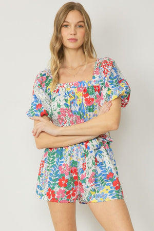 ENTRO INC Women's Romper OFFWHITE / S Floral Print Puff Sleeve Romper || David's Clothing R19621
