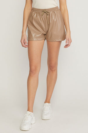 ENTRO INC Women's Shorts MOCHA / S Solid Faux Leather High Waisted Shorts || David's Clothing P18265