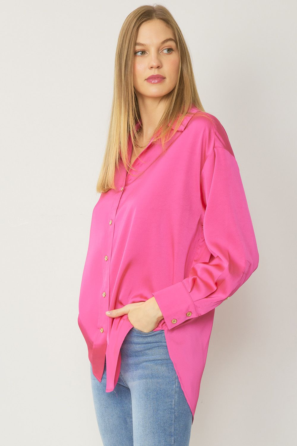 ENTRO INC Women's Top HOT PINK / S Satin Button Up Collared Top || David's Clothing T18724A