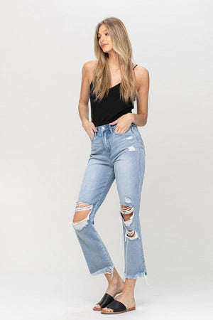 Vervet by Flying Monkey Women's Jeans Vervet Super High Rise Distressed Relaxed Straight || David's Clothing